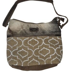 Bhrayna Bags Cowhide Leather Canvas Geometric‎ Pattern Crossbody Shoulder Bag